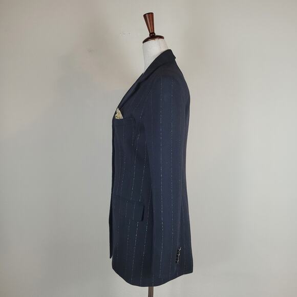 VTG Rickie Freeman Teri John Blazer Jacket 2 Black Wool Pinstripes Gold Longline - Picture 6 of 16